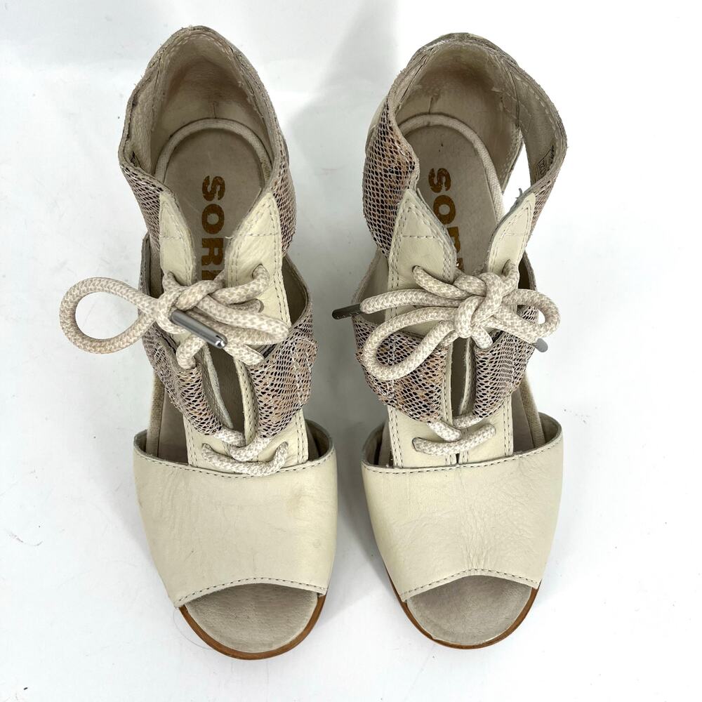 Sorel white/cream leather Joanie III lace wedge open toe sandals (7.5) snakeskin - Picture 4 of 9